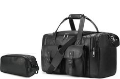 FR Fashion Co. 21" Men's Leather Duffel Bag with Toiletry Bag - FR Fashion Co. Portable Black Travel Bag, Portable Black Rectangular Travel Bag, Black Multifunctional Travel Bag, Multifunctional Black Travel Bag, Black Travel Bag With Removable Pouch, Black Luggage With Removable Pouch For Trips, Black Travel Bag With Removable Pouch For Trips, Black Waterproof Weekender Bag For Travel, Black Duffle Bag With Removable Pouch For Trip