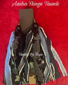 XL Camo, denim, & seqin fringe tassel earrings Trendy Fringe Tassel Earrings For Festivals, Fabric Earrings, Earrings Inspiration, Tassel Fringe, Jewelry Maker, Upcycle Clothes, Tassel Earrings, Diy Fashion, Hippie Boho