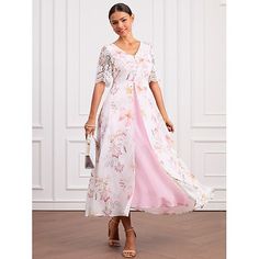 Season:Summer; Fabric:Chiffon,Polyester; Sleeve Length:Short Sleeve; Gender:Women's; Style:Stylish,Elegant; Elasticity:Inelastic; Occasion:Vacation,Daily; Fit Type:Regular Fit; Dresses Type:A Line Dress; Pattern:Floral; Design:Buttons,Lace; Neckline:V Neck; Brand:Shall We; Front page:FF; Listing Date:07/19/2024; Bust:null; Length:null; Sleeve:null; Waist:null; Fit US Size:null; Fit UK Size:null; Fit EU Size:null; Dress Length Type:Maxi Dress; Print Type:Print Summer V-neck Chiffon Dress For Wedding Guest, Spring V-neck Maxi Dress For Banquet, Summer Wedding Chiffon Dress, Feminine Summer Banquet Dresses, Feminine Summer Dresses For Banquet, Chiffon Floral Print Dress For Banquet, Summer Banquet A-line Chiffon Dress, Spring Banquet Maxi Dress With Short Sleeves, Spring Chiffon V-neck Dress For Wedding Guest