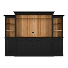 an empty entertainment center with wooden shelves and doors