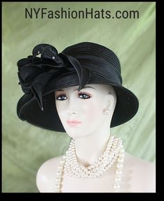 Ladies Classic Black Custom Made Slant Abstract Stylish Down Brim Satin Formal Designer Fashion Hat. This Elegant Dress Hat Is Embellished With A Large Satin Decorative Bow Embossed With Delicate Small Acrylic Rhinestones Throughout The Bow. Crown Measures 22.5". Standard Sized Fits Most Women Condition Is New Custom Made This Formal Black Satin Hat Is Suited For Weddings, Formals, Church, Shabbat, Mother Of The Bride Or Groom, Formal Special Occasion Events And Holidays. All Sales Are Final. Big Bow Dress, Bespoke Hats, Large Brim Hat, Royal Ascot Hats, Veiled Hats, Couture Hats, Formal Occasion Dress, Bridal Hat, Wedding Church