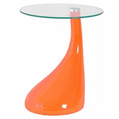 an orange table with a glass top and curved base, on a white background in the shape of a cone