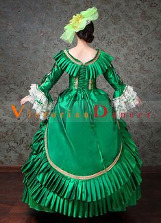 Green Victorian Fancy Palace Masquerade Ball Gown Carnivale Women Marie Antoinette Dress   Condition: Brand New  Color: amp;nbsp; As Picture  Material: Satins And Lace  Silhouette: Ball Gown  Sleeve Length: Long Sleeve  Dresses Length:Floor-Length  Neckline:O Neck  Decoration: Printed  Style: Vintage  Includes: Dress + Headwear    amp;nbsp; Baroque Ruffled Dress For Theater, Elegant Baroque Dresses For Theater, Baroque Ruffled Dress For Costume Party, Baroque Ruffle Dresses For Costume Party, Fitted Baroque Party Dresses, Victorian Green Costume Dress, Elegant Green Victorian Dress For Costume Party, Elegant Ball Gown For Theater, Baroque Fitted Dress For Theater