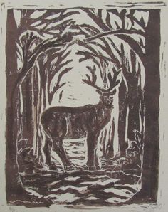 a black and white drawing of a deer in the woods