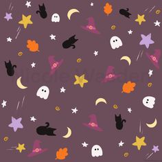 halloween themed wallpaper with cats, bats and stars on purple background for children's room