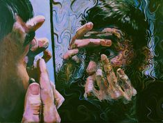 a painting of a man's face and hands in front of a mirror