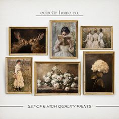 a set of 6 high quality prints featuring women in dresses with flowers and bunnies