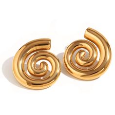 These earrings could adorn any festive ensemble with a hint of heavenly sophistication.  Elevate your style with these limited edition Gold Spiral earrings—a favorite among trendsetters. Crafted for lasting elegance and built to withstand your everyday, these statement pieces are a chic must-have for the season  Matching Necklace Available. 18k Gold Plated Stainless Steel Pushpin Closure 100% Eco-Friendly; No Nickel, Chromium and Lead Water-resistant, sweat-proof, hypoallergenic and tarnish-free Elegant Swirl Earrings As Gift, Elegant Swirl Earrings For Gift, Elegant Swirl Earrings, Modern Swirl Earrings For Gift, Formal Spiral Jewelry With Matching Earrings, Elegant Swirl Earrings With Ear Wire, Elegant Swirl Ear Wire Earrings, Formal Spiral-shaped Jewelry With Matching Earrings, Spiral Earrings For Formal Occasions