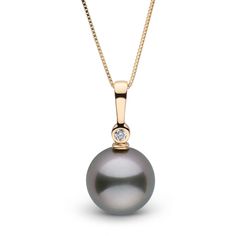 This lovely pendant combines the beauty of a single, perfect Tahitian pearl with a single diamond of fine, VS1-G quality. The diamond accent adds just the right amount sparkle, creating a truly gorgeous pendant. We hand-make this pendant in-house to our own exacting specifications, choosing a flawless 10.0-11.0 mm Tahitian pearl to complement the setting. For decades our buying team has been making regular trips to French Polynesia to source these fine, exotic pearls. Because we personally impor Pearl Necklace Designs, Gold Rope Chains, Jewelry Appraisal, Gold Box, Bezel Set Diamond, Cz Jewelry, French Polynesia, Pearl Set, Pearl Types