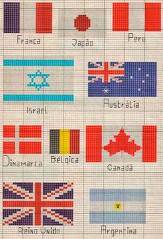 cross stitch chart with different countries and their flags on the same pattern as shown in this page