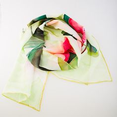 Handpainted Silk Scarf Orchids/ Green Red Pink by SilkIntuition Silk Shawl Scarf For Wedding, Silk Wedding Shawl Scarf, Silk Wedding Shawl, Red Silk Scarf For Wedding, Elegant Multicolor Wedding Scarves, Elegant Multicolor Wedding Scarf, Silk Scarf With Floral Print For Wedding, Pink Silk Shawl Scarf For Wedding, Green Silk Shawl For Wedding