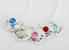 Personalized Mom Necklace Hand Stamped  5 Name by Studio463, $84.00 Silver Name Necklace With Birthstone In Round Pendant, Sterling Silver Birthstone Necklace With Name, Customizable Silver Birthstone Necklace For Mom, Sterling Silver Birthstone Necklace With Custom Name For Mom, Sterling Silver Birthstone Necklace For Mom, Nickel-free Silver Birthstone Necklace As Gift For Mom, Silver Nickel-free Birthstone Necklace As Gift For Mom, Nickel-free Silver Birthstone Necklace For Mom, Silver Birthstone Necklace Nickel Free For Mom