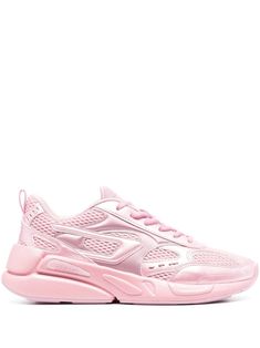 logo-patch low-top sneakers from DIESEL featuring light pink, faux leather, mesh panelling, round toe, front lace-up fastening, branded insole, pull-tab at the heel and ridged rubber sole. Nike Pink Sneakers, Pink Running Shoes For Light Sports With Perforations, Pink Athleisure Sneakers With Perforated Toe Box, Pink Sneakers With Perforations For Light Sports, Sporty Pink Chunky Sneakers With Translucent Outsole, Pink Perforated Sneakers For Light Sports, Sporty Pink Running Shoes With Perforations, Diesel Sneakers Women, Diesel Shoes