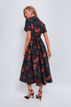 Moody florals meet feminine silhouetteWe are loving the Adelaide Dress for its luxe jacquard fabric and flattering details. This midi boasts a collared V-neckline and fitted bodice that open into a gathered A-line skirt. We are pairing it with ballet flats for the office or with heels for evening cocktail parties!Our Favorite Details: Back zip closure Side pockets Lined Material: 62% Cotton, 38% Viscose (outer), 100% Viscose (lining)Care: Dry clean Floral Print Short Sleeve Midi Dress For Formal Occasions, Formal Short Sleeve Floral Print Midi Dress, Formal Short Sleeve Floral Midi Dress, Evening Floral Print Jacquard Midi Dress, Evening Floral Jacquard Midi Dress, Evening Jacquard Midi Dress With Floral Print, Floral Print Jacquard Midi Dress, Elegant Jacquard Midi Dress With Floral Print, Chic Jacquard Floral Print Dresses