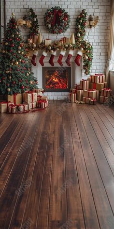 a living room decorated for christmas with presents on the floor and a fire place in the fireplace