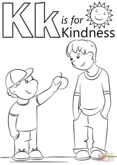 the letter k is for kindness coloring page with two kids pointing at each other and an orange sun in the background