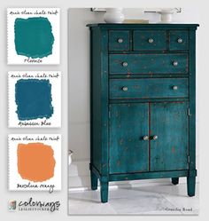 an old dresser painted in different shades of teal and orange with the same paint swatches