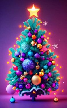 a brightly colored christmas tree with ornaments on it's base and a star above the top