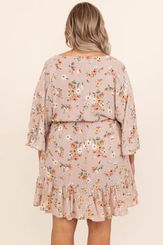 Chic Soul plus size clothing, khaki floral design 3/4 length bell sleeve dress with ruffle bottom Neutral Background, Khaki Dress, Model Fits, Ruffle Hem, So Pretty, Floral Tops, Floral Pattern, Heels, Floral