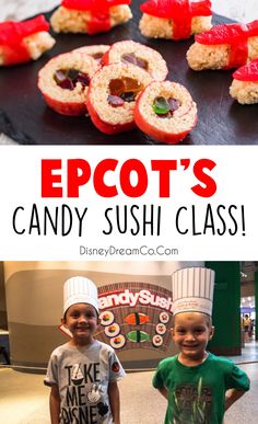 two boys standing next to each other in front of some food on a table with the words epict's candy sushi class