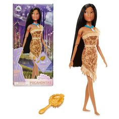 the doll is wearing a brown dress and has long black hair on it's head