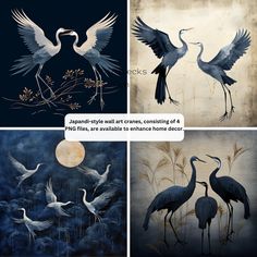 four different pictures of cranes in various stages of flight, with the caption'japanese - style art canvases consisting of 4 styles, are available to enhance ethnic - home decor