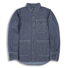 Charm Striped Cargo Pockets Denim Shirt Features：  Product ID:LS0056 Material:Cotton Season:Spring,Autumn,Winter Color:Dark Blue,Denim Blue,White  Size Chat： Overalls Casual, Western Denim Shirt, White Stripes Shirt, Denim Shirts, Cargo Shirts, Jacket Denim, Mens Stripes, Retro Men, Stripe Shirt