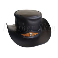 Men Handmade Black Genuine Aussie Leather Top Hat with Skeleton Fitted Leather Top Hat With Short Brim, Fitted Leather Top Hat With Flat Brim, Steampunk Leather Top Hat With Flat Crown, Black Leather Brimmed Top Hat, Black Leather Top Hat With Flat Crown, Black Leather Top Hat With Flat Brim, Steampunk Leather Hat Band With Short Brim, Leather High Crown Top Hat For Rodeo, Black High Crown Top Hat For Western-themed Events