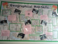 a map with pictures on it and some notes attached to the wall above it that says,'geographical map skills '