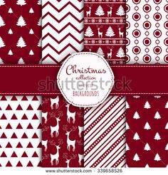 a set of christmas seamless patterns with deers and trees in red, white and grey colors