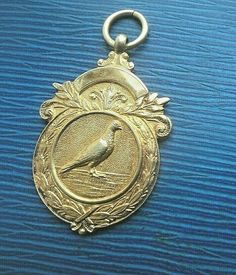 Vintage Sterling Silver GILT Fob Medal h/m 1949 Racing Pigeon - Portland  #WilliamJamesDingley Racing Pigeons, Silver Pocket Watch, Pocket Watch Chain, Gold Wash, Watch Chain, Pigeon