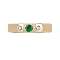 This band ring features a delicate round-cut emerald as its centerpiece, flanked by two brilliant round-cut diamonds that create a lovely three-stone look within the band. All three stones are securely bezel-set in 14k gold, adding durability and elegance to the design. The petite size of the emerald and diamonds makes this ring perfect for stacking with other rings, allowing for a customized and personalized look.  Setting Style: Bezel-Three Stone Setting Material: 14K Yellow Gold Setting Weigh Emerald Gem, Tiny Bow, Minimalist Gifts, Yellow Gold Setting, Bezel Diamond, Natural Emerald, Emerald Diamond, Three Stone, Round Cut Diamond