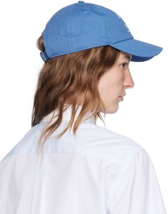 Cotton twill cap in blue. · Embroidered eyelets at crown · Text embroidered at face · Curved brim · Logo embroidered at side · Cinch fastening · Twill browband · Unlined · Logo-engraved gunmetal-tone hardware Supplier color: Imperial blue Blue Hats With Embroidered Logo For Spring, Spring Blue Baseball Cap With Embroidered Logo, Spring Blue Hats With Embroidered Logo, Blue Spring Hats With Embroidered Logo, Classic Blue Baseball Cap For Spring, Blue Baseball Cap With Curved Visor For Spring, Blue Health, Imperial Blue, Rich Women