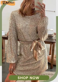 Lantern Sleeve Sequined Dress(with Belt) Long Sleeve Sequin Dress For Date Night In Spring, Chic Sequin Dress For Fall, Chic Sequin Dress For Date Night In Spring, Long Sleeve Sequin Dress For Summer, Long Sleeve Sequin Dresses For Going Out, Fall Sheath Dress For Night Out, Gold Dress For Going Out, Sheath Dress For Fall Brunch, Sheath Dress For Brunch In Fall