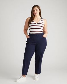 Go-Stretch Pant - Midnight Straight Pants With Pull-on Style And 4-way Stretch, Straight Pants With 4-way Stretch And Pull-on Style, Chic Pull-on Pants With Tapered Leg, Chic Pull-on Tapered Leg Pants, Chic Tapered Leg Pull-on Pants, Pull-on 4-way Stretch Trousers, Chic Tapered Leg Pull-on Style Pants, Chic Tapered Leg Pants With Pull-on Style, Chic Mid-rise Pants With 4-way Stretch