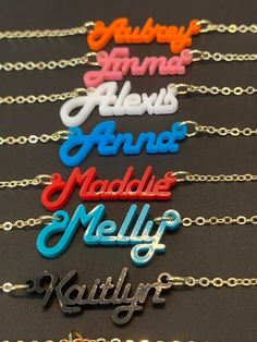 "Acrylic Name Necklace with 14k Gold Chain. Personalized Jewelry, Custom Name Jewelry, Personalized Gift, Mothers Day Gift, Gift for Mom, Gifts. Name or Word Necklace. Stand out with these vibrant color name necklaces. ❤️HOW TO ORDER: ♥︎Choose Length ( Pendant is included in chain length. The Necklace is opened and laid straight and necklace length is measured end to end) ♥︎ In Personalizing box, enter desired name or word ❤️ADDITIONAL INFORMATION: ♥︎14K Gold Plated Cable Chain 2mm Thick (0.07 I Teen Girl Jewelry, Christmas Presents For Friends, Word Necklace, Name Necklaces, Necklace Stand, Jewelry Personalized, Presents For Mom, Presents For Her, Christmas Gifts For Girls