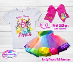 "We are so happy you are visiting our shop! Cutest style of shirt and even cuter design, perfect for your little one's special day!  Customized with name and age for her shirt and customized with her name on her bow! The tutu is full and puffy so your little one can look fab! It features multicolor layers of soft tulle so no itchy babies. It has a hidden elastic waistband with matching satin fabric and for the final touch a big bow customized with name in glitter! The shirt is a girl cut - super Playful Multicolor T-shirt For First Birthday, Fun Multicolor T-shirt For First Birthday, Multicolor Tops For Birthday, Princess Birthday Shirt, Rainbow Tutu, Girls Cuts, Birthday Tutu Outfit, Pom Pom Girl, Is A Girl