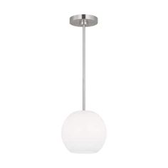 a white light hanging from the ceiling with a metal pole and round glass ball on it