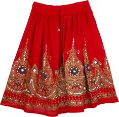 Sequined Short Belly Dancing Skirts - Romantically embellished with hundreds of iridescent sequins.  A short skirt unlike any other, this seductive cotton womens` skirt features a floral block motif highlighted with sequins on a blood red background (see detailed picture). #tlb Summer Festive Sequined Skirt, Festive Sequined Mini Skirt For Summer, Embellished Skirt For Festive Summer Occasions, Embellished Skirt For Party And Festivals, Summer Festive Embellished Skirt, Red Embroidered Skirt For Festival, Red Bohemian Party Skirt, Red Bohemian Skirt For Dance, Red Embroidered Bohemian Skirt