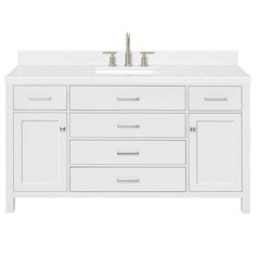 a white bathroom vanity with two sinks and no faucets on the counter top