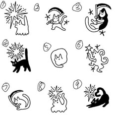 black and white drawing of different types of symbols on a white background, including cats