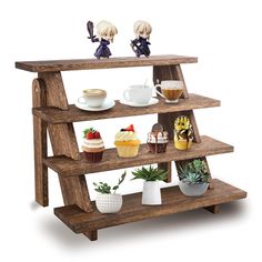 a wooden shelf with cupcakes, cakes and coffee cups on top of it