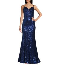 From B. Darlin&#x2C; this dress features:SequinsV-necklineSleevelessAdjustable spaghetti strapsZip back closurePolyester/spandexHand wash/line dryImported. Dress With Train, Sequin Prom Dresses, Formal Dresses Gowns, Junior Dresses, Dillard's, Elegant Dresses, Gowns Dresses, Long Dress, Sequin