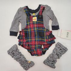 Harajuku Mini - Gwen Stefani Designed Plaid Body Suit Includes 3 Pieces - Plaid Ruffle Bottom Overalls, Striped Long-Sleeve Tee, And Striped Leggings. Winter School Sets With Fitted Stretch, Cotton School Sets For Fall, Multicolor Cotton Play Sets, Playful Multicolor Sets For Fall, Cute Multicolor Sets For School, Cute Multicolor School Sets, Cute Multicolor Winter Sets, Cute Black Long Sleeve Sets, Fitted Casual Sets For Playdate