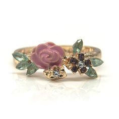 Enameled Gold Rose Ring. Ring Has Green Stoned Leaves. Roses With Pink Stones And Cz Centers. Free Gift With Purchase. Fast Shipping. R 145 Pink Enamel Promise Ring, Pink Flower Enamel Ring For Wedding, Rose Gold Enamel Ring Jewelry, Pink Flower Ring With Rose Design, Pink Enamel Anniversary Ring, Pink Rose Design Flower Ring, Pink Enamel Ring For Wedding, Gold Rose Ring, Cats Eye Ring