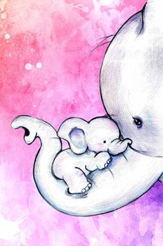 a drawing of an elephant holding a baby elephant in it's lap with pink and purple background