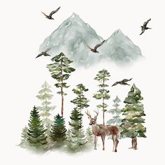 watercolor painting of deer and birds in front of mountains with pine trees, evergreens and snow capped peaks