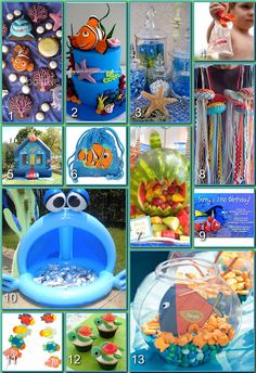 a collage of pictures with various items in them and the words finding nemo on it