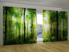 an open window with green trees painted on the wall and wooden flooring in front of it