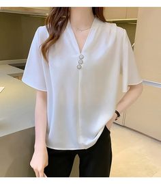 V-Neck Flare Sleeve Office Blouse Shirt – Tomscloth Elegant V-neck Plain Tops, White Tops For Office, White Solid Color Top For Office, White Solid Color Office Tops, Plain Summer Office Tops, Solid Color V-neck Office Tops, Solid Color Plain V-neck Blouse, Solid Plain V-neck Blouse, Plain Office Tops For Spring